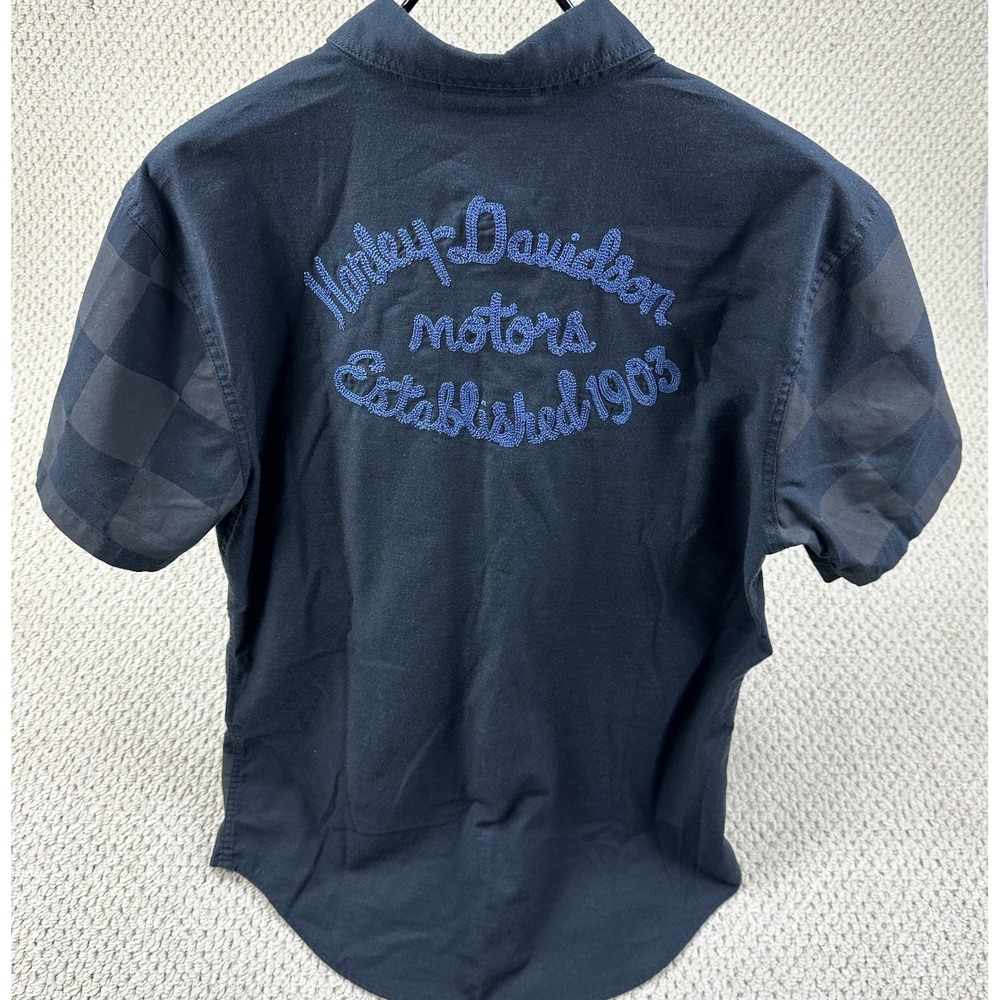 Harley Davidson Shirt Mens M Black Checkered Embroidered Back Logo S/S Button Up